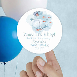 Ahoy het is een jongen walvis Baby shower dank je Ronde Sticker