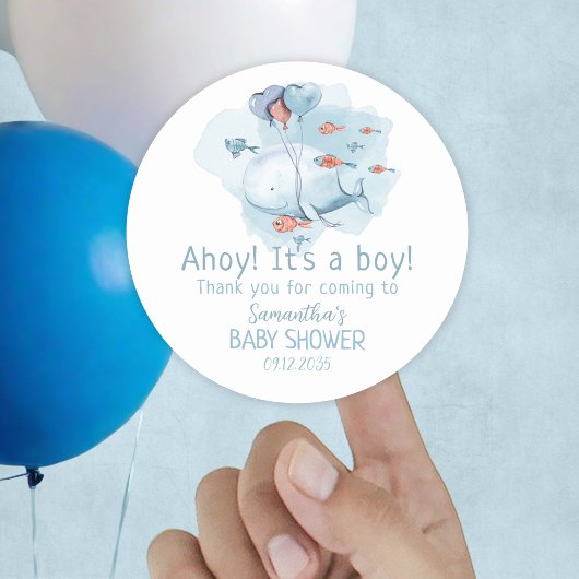 Ahoy het is een jongen walvis Baby shower dank je Ronde Sticker