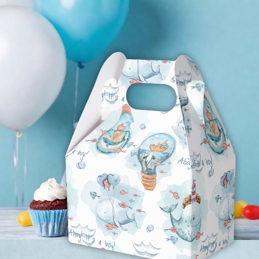 Ahoy het is een jongen walvis Baby shower gast Bedankdoosjes