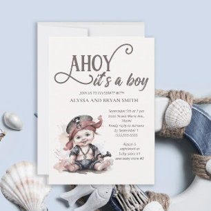 Ahoy het is een jongens piraat baby shower kaart