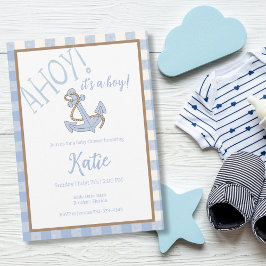 Ahoy het is een jongensblauw en wit baby shower kaart