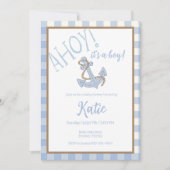 Ahoy het is een jongensblauw en wit baby shower kaart (Voorkant)