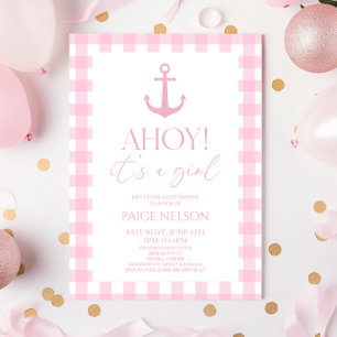 Ahoy Het is een Meisje Elegant Roze Nautisch Baby  Kaart