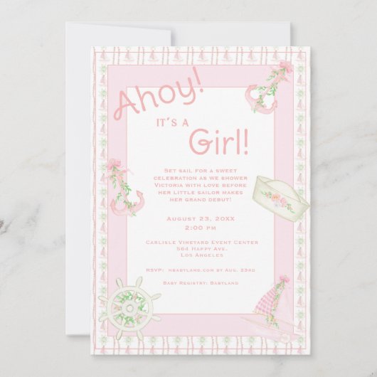 Ahoy Het is een Meisje Nautisch Baby shower Uitnod Kaart (Voorkant)
