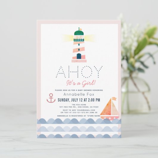 Ahoy Het is een Meisje Nautisch Roze Meisje Baby s Kaart (Staand voorkant)