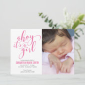 Ahoy Het is een Meisje Nautisch Thema Geboorteaank Aankondiging (Staand voorkant)