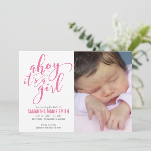 Ahoy Het is een Meisje Nautisch Thema Geboorteaank Aankondiging (Staand voorkant)