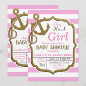 Ahoy Het is een meisjesnicht thema Baby Uitnodigin Kaart (Voorkant / Achterkant)