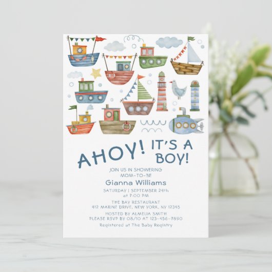AHOY! Het is een padvinder Nautisch Baby shower Kaart (Staand voorkant)