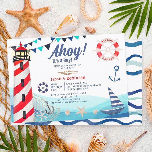 Ahoy, het is een stinkend blauw rood baby shower. kaart