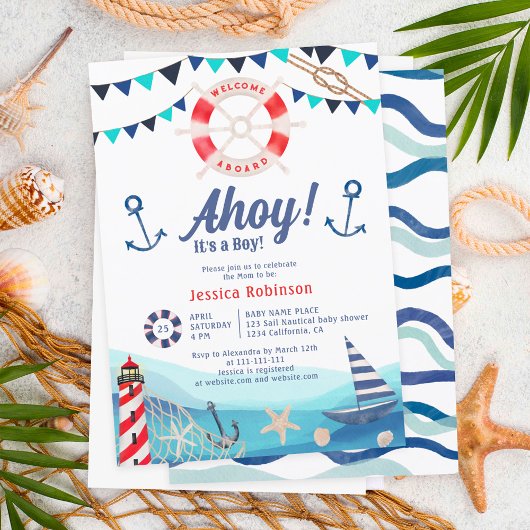 Ahoy, het is een stinkend blauw rood baby shower. kaart