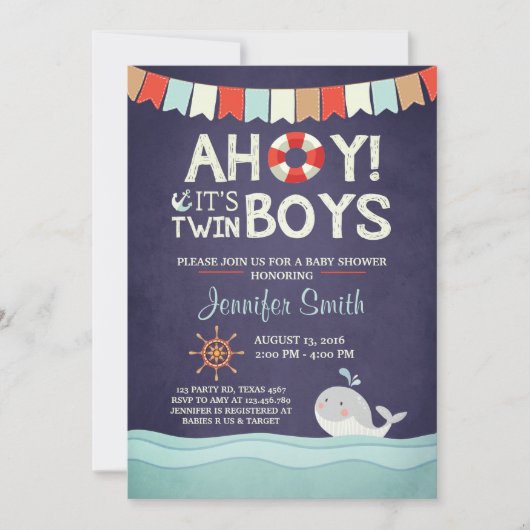Ahoy Het is Twin Boys Douche Invitate Ocean Nautic Kaart (Voorkant)