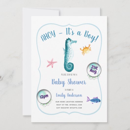 AHOY is een Babyjoch Shower en nodigt Ocean Seahor Kaart (Voorkant)