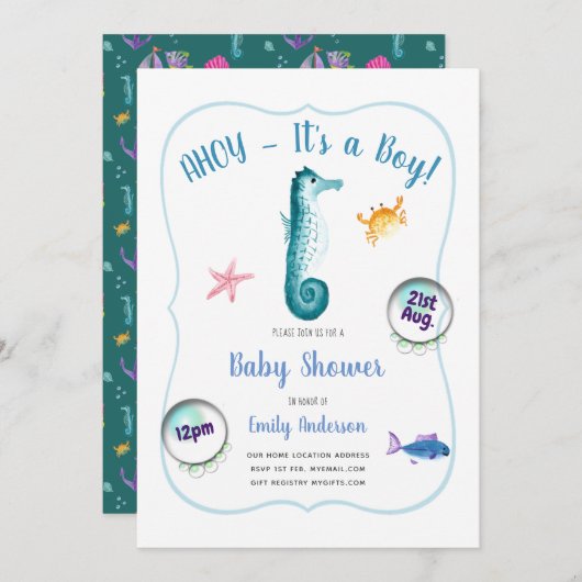 AHOY is een Babyjoch Shower en nodigt Ocean Seahor Kaart (Voorkant / Achterkant)