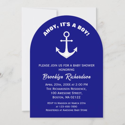 Ahoy is een Boy Navy blauw wit anker Baby shower Kaart (Voorkant)