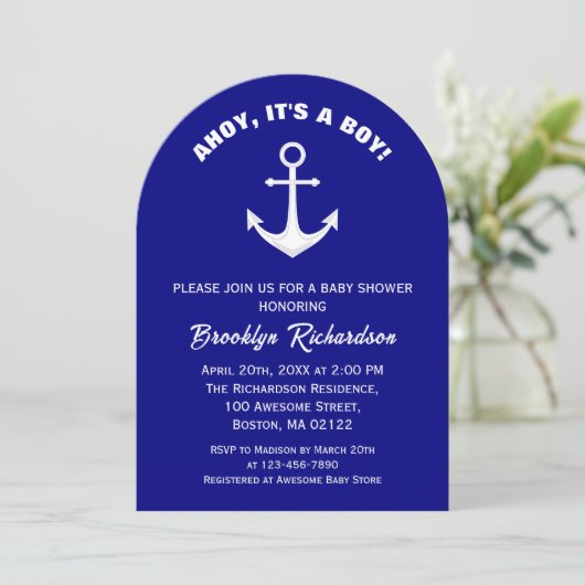 Ahoy is een Boy Navy blauw wit anker Baby shower Kaart (Staand voorkant)