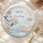 Ahoy is een Boy Ocean Life Whale Baby shower Papieren Bordje<br><div class="desc">Ahoy, het is een jongen! (bewerkbare) walvis baby shower papier borden. Natuurlijk en zacht waterverf ontwerp in blauw en beige met walvissen zwemmen onder het zee met vis en koraal. Grillige belettering en boho styling, ideaal voor walvis baby shower, nautisch baby shower, onder het zee en oceaan dierlijke thema's. Voor...</div>