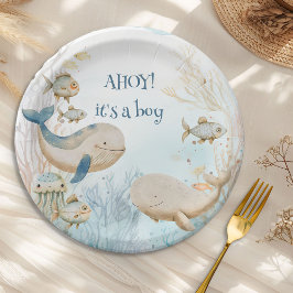 Ahoy is een Boy Ocean Life Whale Baby shower Papieren Bordje