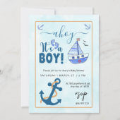 Ahoy is een Boy Sailboat Baby shower Kaart (Voorkant)