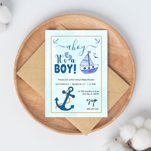 Ahoy is een Boy Sailboat Baby shower Kaart
