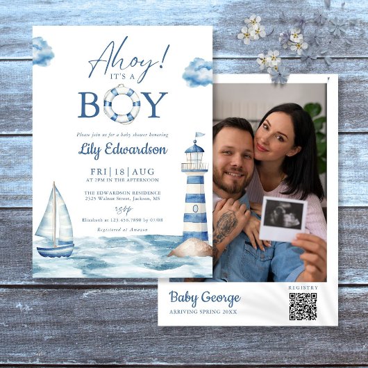 Ahoy is een jongen Baby shower foto QR-code Kaart