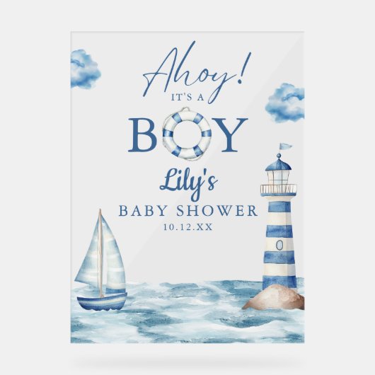 Ahoy is een jongen Baby shower welkom Acryl Bord (Voorkant)