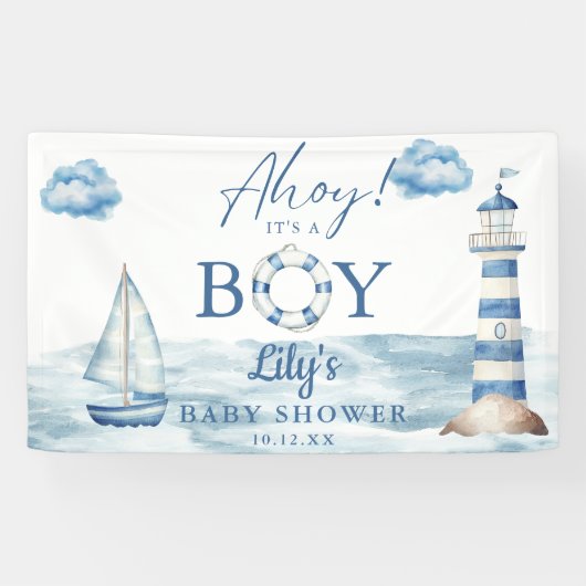 Ahoy is een jongen Baby shower welkom Spandoek (Horizontaal)