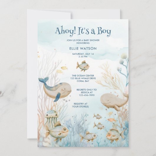 Ahoy is een jongen blauw beige koraal walvis Baby  Kaart (Voorkant)