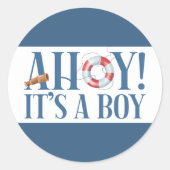 Ahoy is een jongen blauwe typografie ronde sticker (Voorkant)