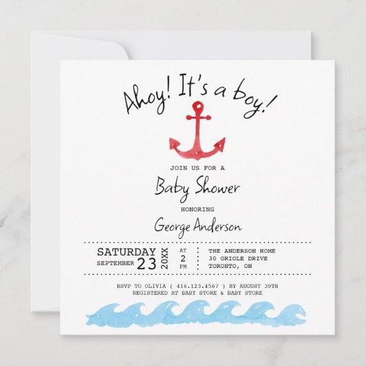 Ahoy is een jongen. Nautical baby shower Invitatio Kaart (Voorkant)