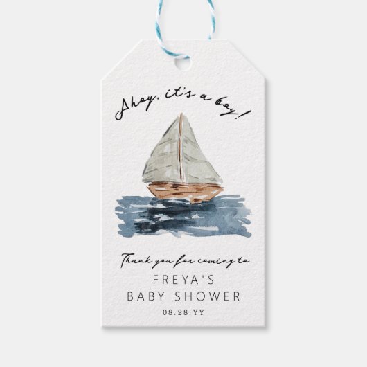 Ahoy is een jongen nautische zeilboot Baby shower Cadeaulabel (Voorkant)