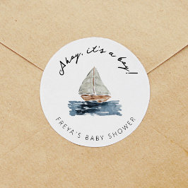 Ahoy is een jongen nautische zeilboot Baby shower Ronde Sticker