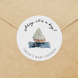 Ahoy is een jongen nautische zeilboot Baby shower Ronde Sticker