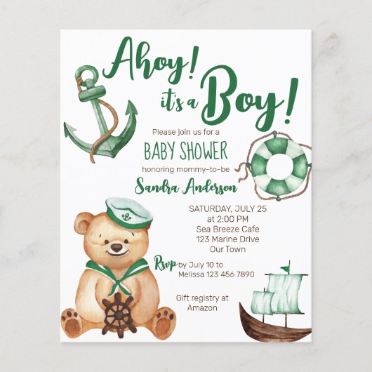 Ahoy is een jongen teddybeer baby shower budget ui (Voorkant)