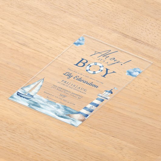 Ahoy is een jongensblauw nautisch Baby shower Acryl Uitnodigingen (Laagn)