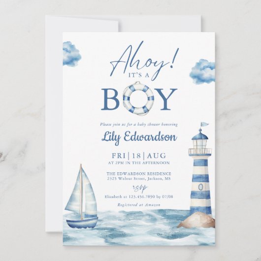 Ahoy is een jongensblauw nautisch Baby shower Kaart (Voorkant)