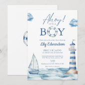 Ahoy is een jongensblauw nautisch Baby shower Kaart (Voorkant / Achterkant)