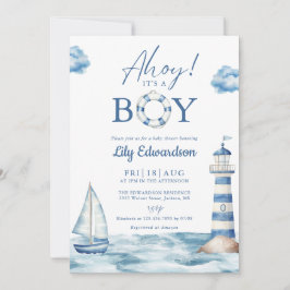 Ahoy is een jongensblauw nautisch Baby shower Kaart
