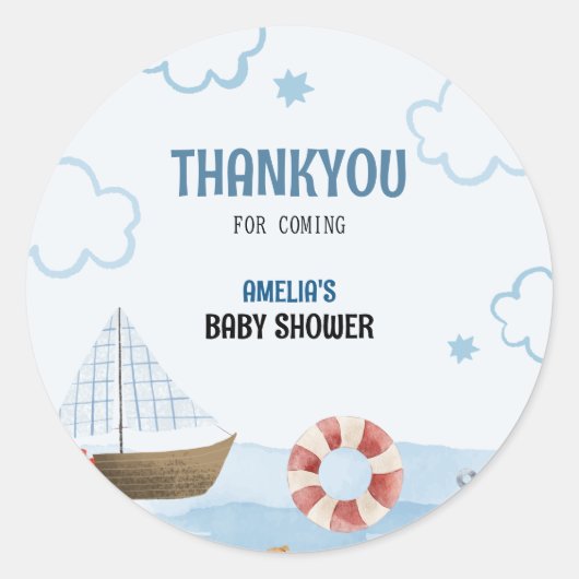 Ahoy is een jongensblauw Zeilboot baby shower beda Ronde Sticker (Voorkant)