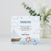 Ahoy is een jongensblauw Zeilboot baby shower Bedankkaart (Staand voorkant)