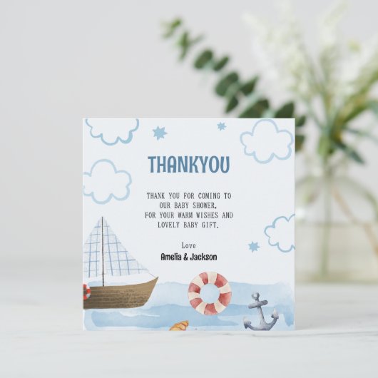 Ahoy is een jongensblauw Zeilboot baby shower Bedankkaart (Staand voorkant)