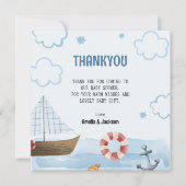 Ahoy is een jongensblauw Zeilboot baby shower Bedankkaart (Voorkant)