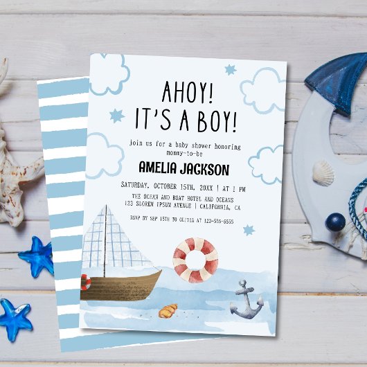 Ahoy is een jongensblauw Zeilboot baby shower Kaart