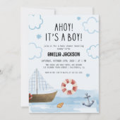 Ahoy is een jongensblauw Zeilboot baby shower Kaart (Voorkant)