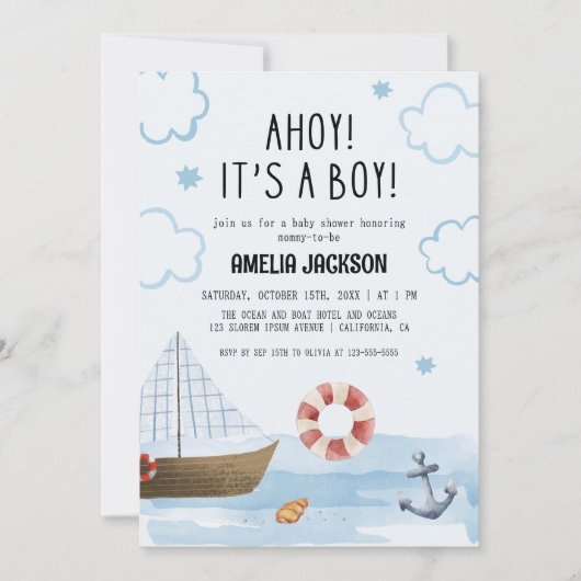 Ahoy is een jongensblauw Zeilboot baby shower Kaart (Voorkant)