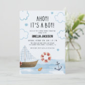 Ahoy is een jongensblauw Zeilboot baby shower Kaart (Staand voorkant)