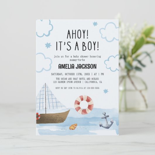 Ahoy is een jongensblauw Zeilboot baby shower Kaart (Staand voorkant)