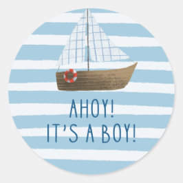 Ahoy is een jongensblauw Zeilboot baby shower Ronde Sticker