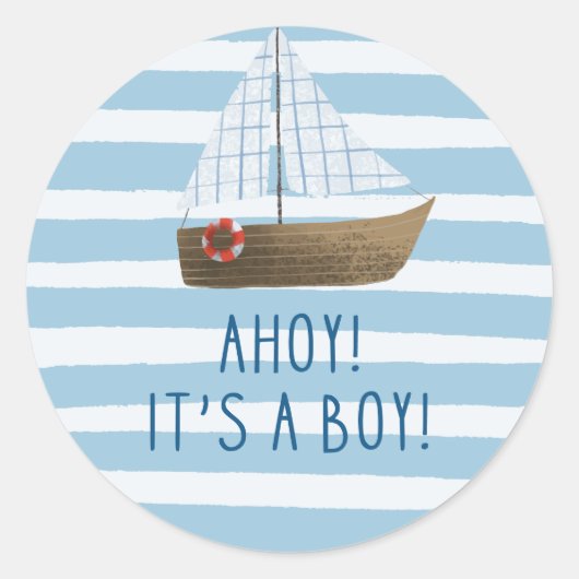 Ahoy is een jongensblauw Zeilboot baby shower Ronde Sticker (Voorkant)