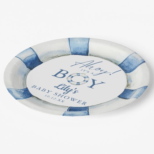 Ahoy is een reddingsboei nautisch Baby shower Papieren Bordje (Gekanteld)
